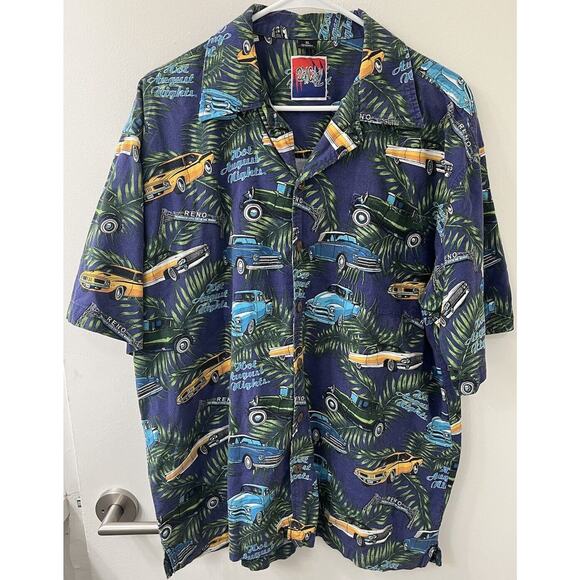 Dem Crazy Mens Shirt XL Blue Hot August Nights Reno Hawaiian Old Classic Cars - Picture 3 of 5